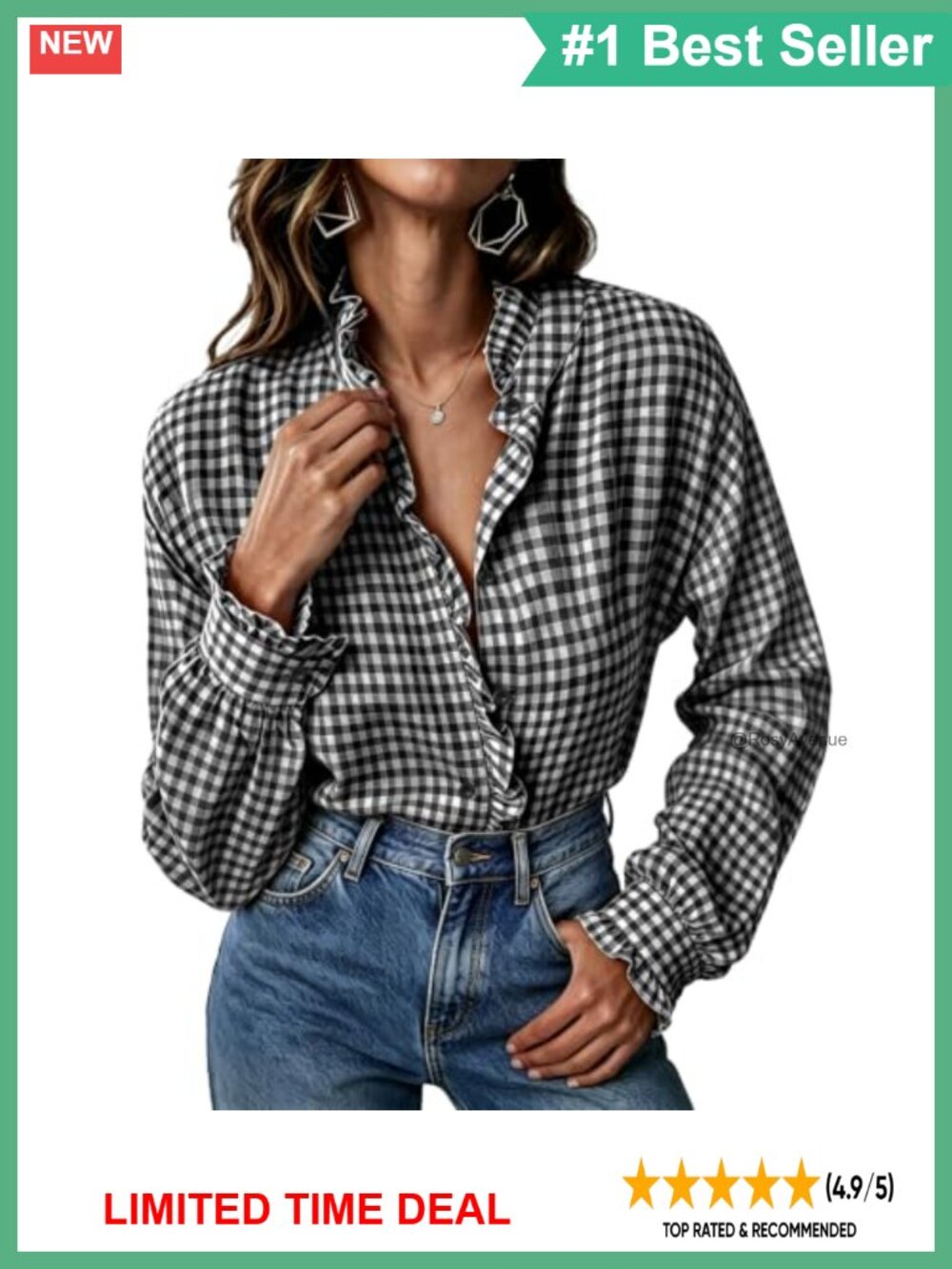 Women's Plaid Button Down Shirt Smocked Cuff Ruffle Collar Blouse